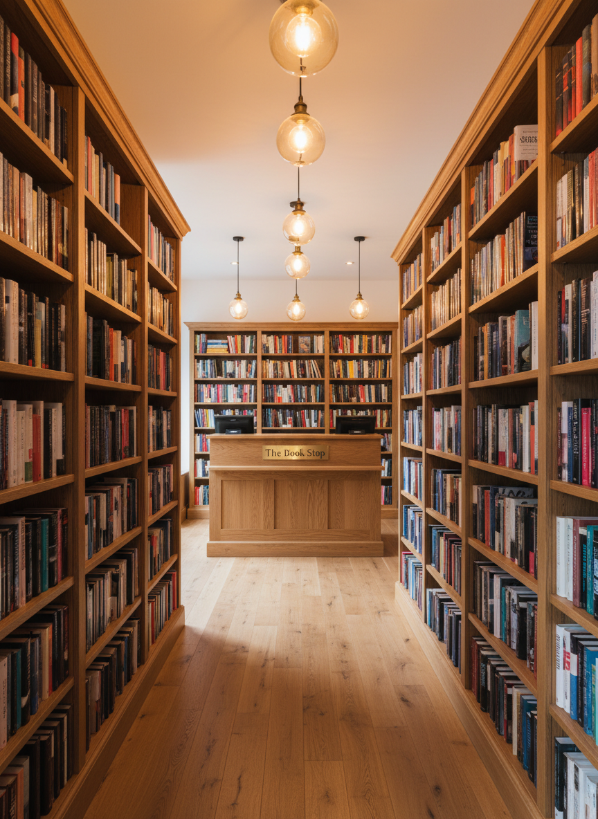 A wide, inviting interior of a small independent bookshop, with tall wooden shelves lining both sides of a narrow aisle, filled with neatly arranged new and second-hand books in varied colors and sizes. A solid oak checkout counter sits near the back, with a discreet "The Book Stop" sign engraved in brushed brass. Soft, warm pendant lighting hangs from the ceiling, casting golden, even illumination and gentle shadows on the polished hardwood floor. The mood is calm, professional, and welcoming. Captured at eye level with sharp focus throughout, the composition leads the eye down the central aisle, emphasizing depth and order. Photographic realism with natural, true-to-life colors and a clean, uncluttered aesthetic suitable for a business website hero image.