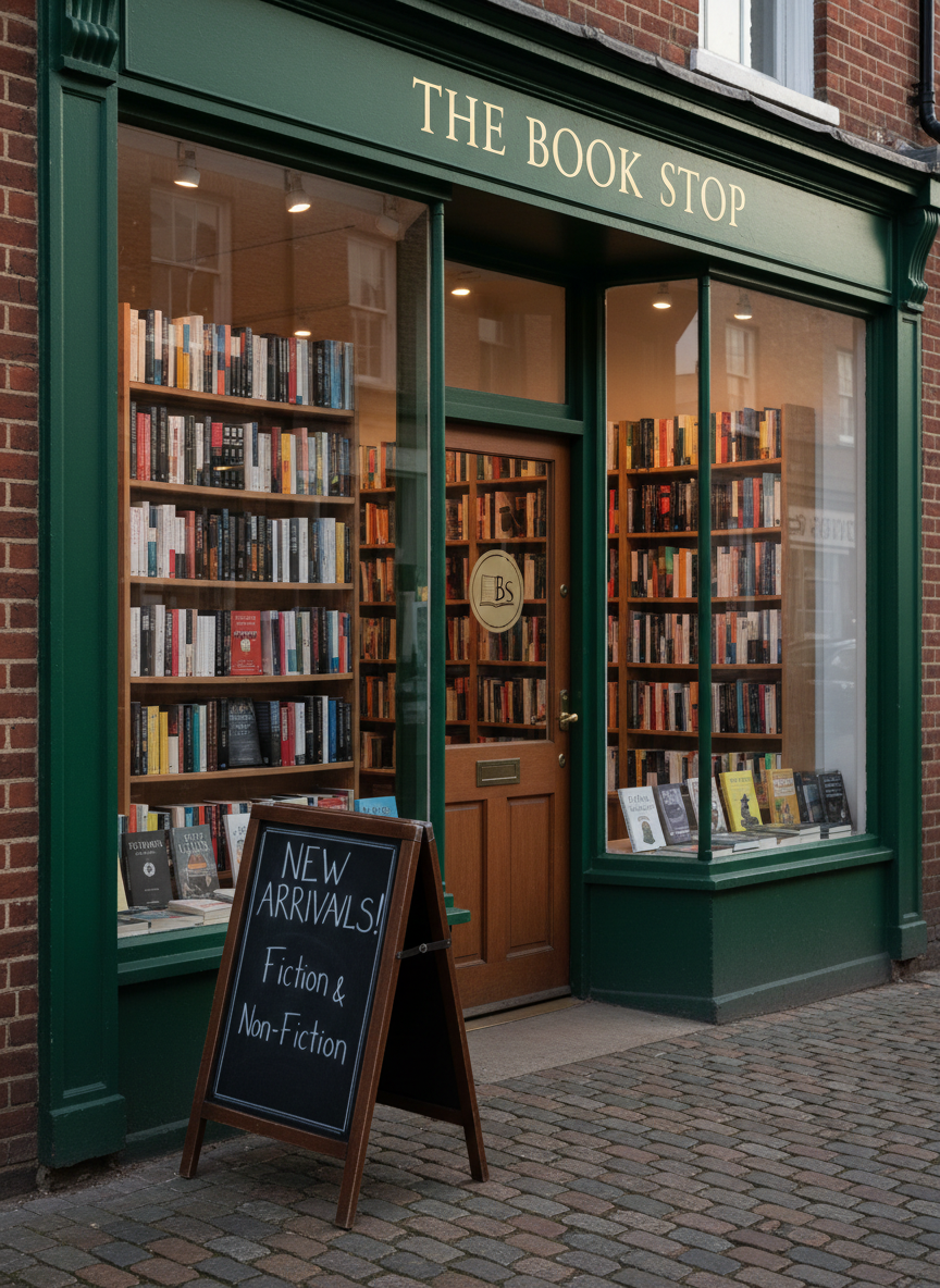 An exterior storefront view of "The Book Stop", featuring a tasteful dark green painted facade with large, clear glass windows revealing tidy rows of books inside. A classic wooden sandwich board on the pavement displays a simple chalk-written message about new arrivals. The shop door is solid wood with a brushed metal handle and a small, understated logo at eye level. Late afternoon natural light bathes the scene in a soft, neutral glow, creating subtle reflections on the glass and gentle shadows along the brickwork. Shot from street level with a slight angle, the composition frames the entire storefront, conveying approachability and professionalism. Photographic realism with balanced, natural colors that suggest a trusted local business.
