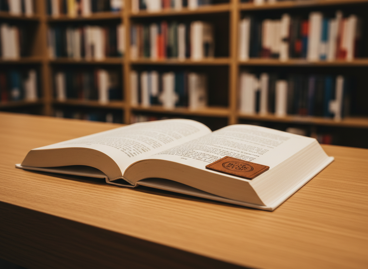 A detailed close-up of an open book resting on a wooden counter in The Book Stop, with the shop’s embossed logo subtly visible on a small leather corner bookmark. The pages are clean and slightly textured, printed with crisp, dark serif text. The counter is solid, honey-toned wood with a smooth finish and faint grain. Behind the book, softly blurred, are neatly arranged shelves of both new and second-hand books, showing varied spine colors but no legible titles. Warm, even indoor lighting from overhead fixtures creates gentle highlights along the page edges and soft shadows in the page fold. Photographic realism, shot from a low, side-on angle with shallow depth of field, conveying professionalism, attention to detail, and a love of books.