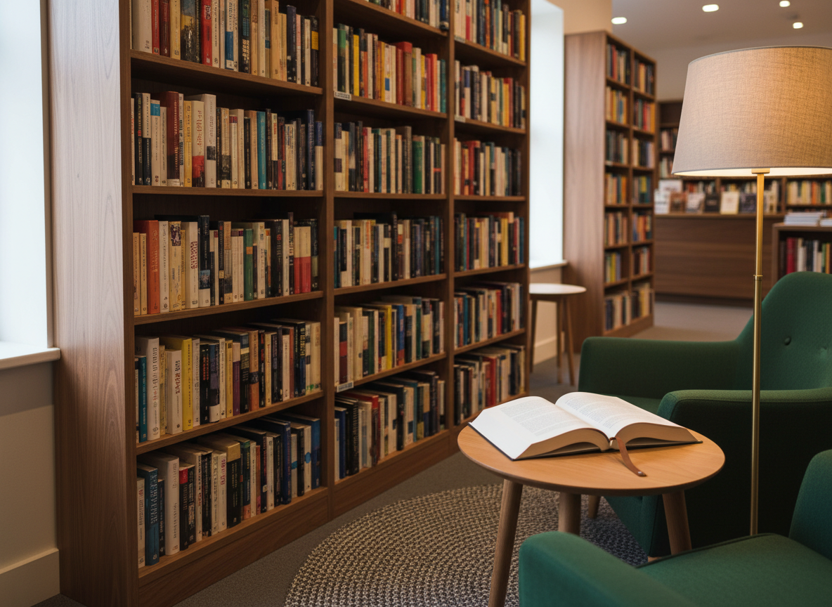 A quiet reading corner inside the bookshop, featuring a single, generously filled freestanding bookshelf in warm walnut, packed with a mix of new hardcovers and gently aged second-hand titles with slightly yellowed pages. In front of the shelf stands a small, round wooden side table holding a single open book with crisp, white pages and a simple bookmark. A clean, textured rug in neutral gray defines the space. Soft, diffused daylight filters in from an unseen window, combined with a nearby floor lamp casting a warm pool of light on the open pages. The mood is serene, studious, and professional. Captured at a three-quarter angle with moderate depth of field, in photographic realism, conveying a calm, welcoming environment for serious readers.