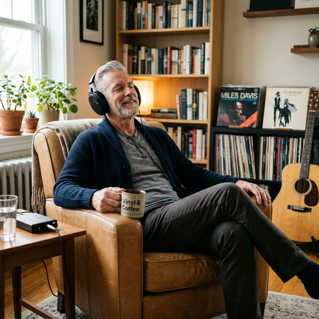 Man with headphones holding a 'Vinyl & Coffee' mug, sitting in a leather chair surrounded by books and records