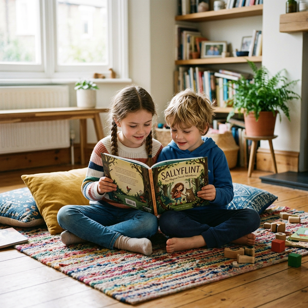 Young girl and boy reading a children's storybook together indoors