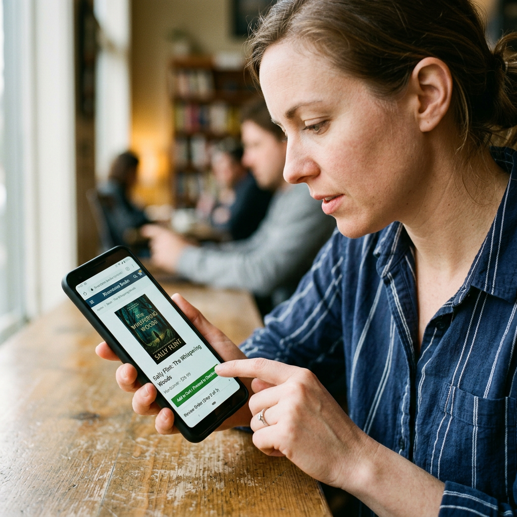 Woman holding smartphone showing audiobook titled The Whispering Woods by Sally Flint