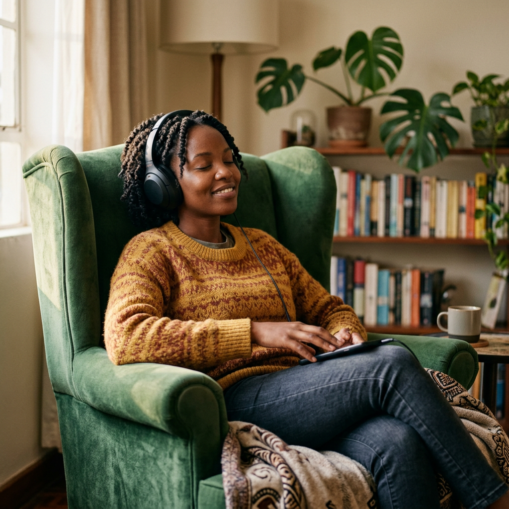 Person sitting in green armchair wearing headphones and holding tablet